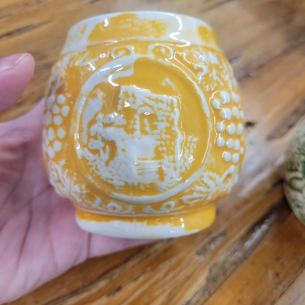 Set of 2 Vintage Mugs Green & Yellow Glazed Unique Relief Cups Signed 1970s - Picture 3 of 14